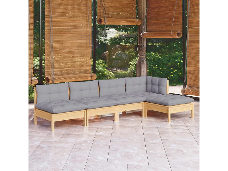5 peças conjunto lounge de jardim c/ almofadões cinzentos pinho
