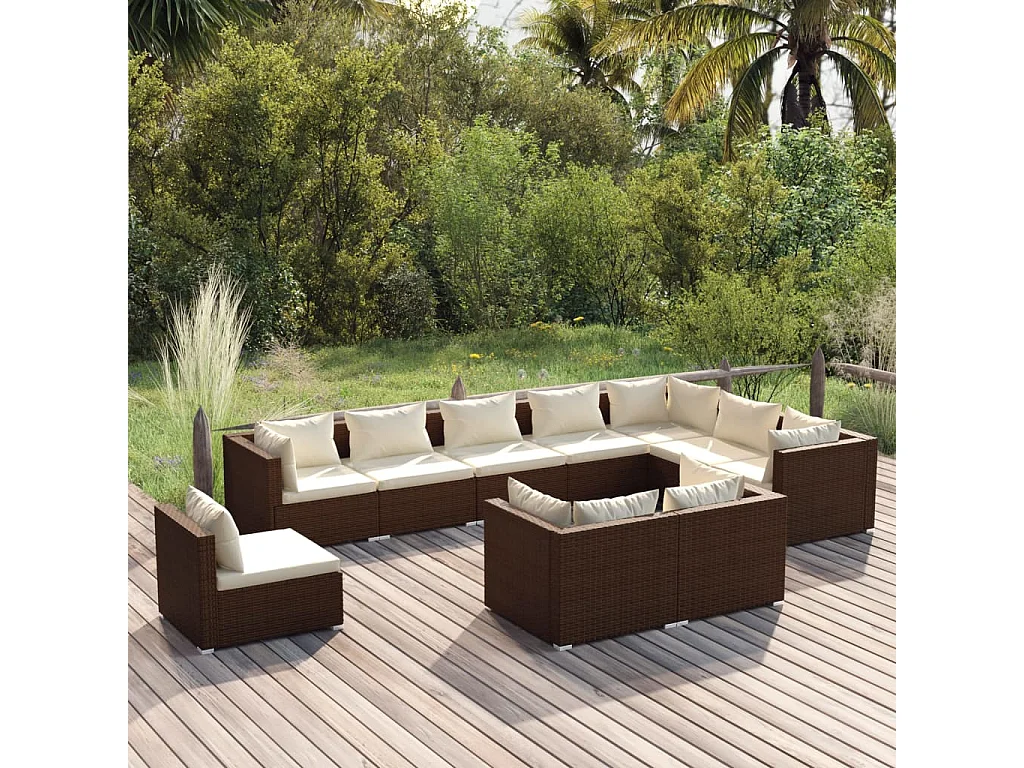 10-delige Loungeset met kussens poly rattan bruin