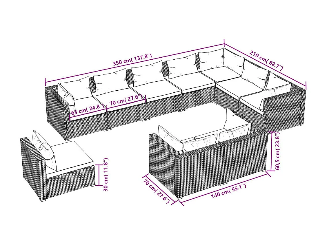 10-delige Loungeset met kussens poly rattan bruin
