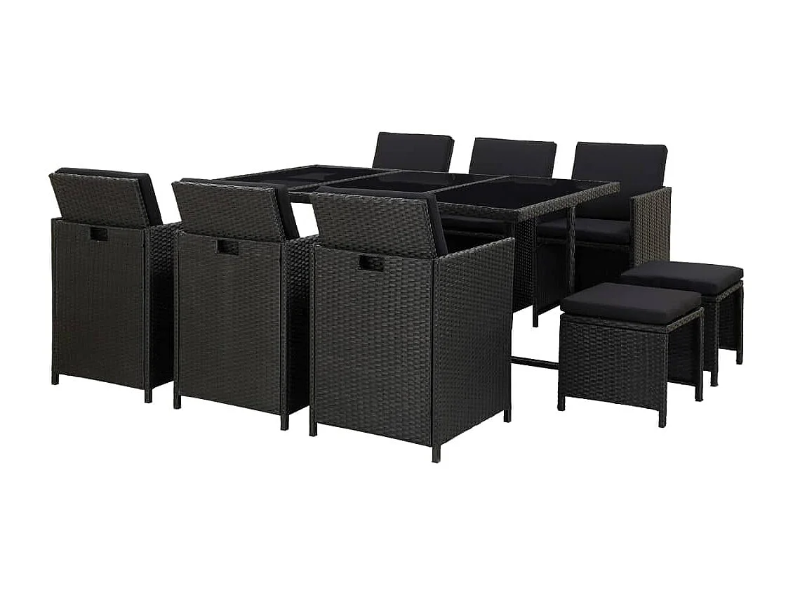 Set comedor de jardín 11 piezas y cojines ratán sintético negro