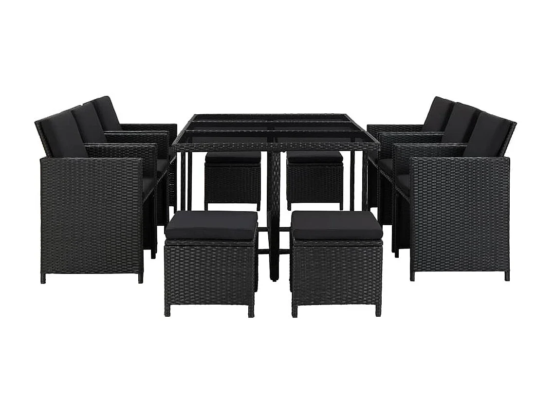Set comedor de jardín 11 piezas y cojines ratán sintético negro