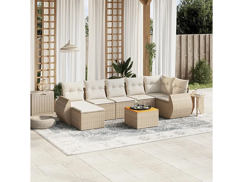 8 peças conjunto de sofás p/ jardim com almofadões vime PE bege