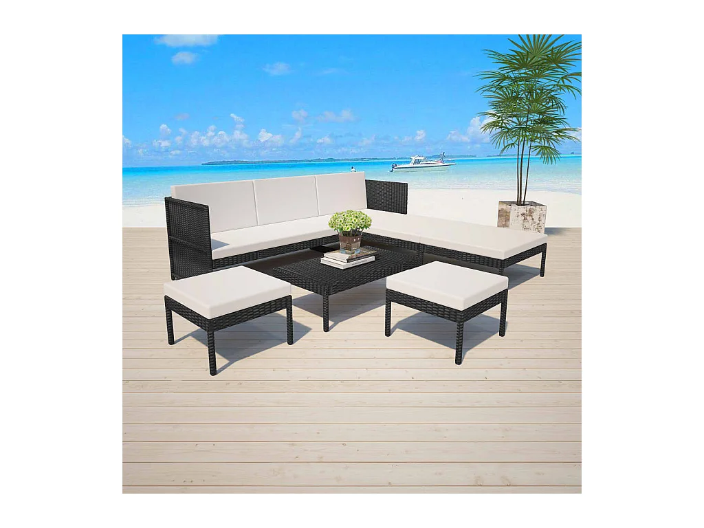 Salon de jardin 6 pièces avec coussins Résine tressée Noir