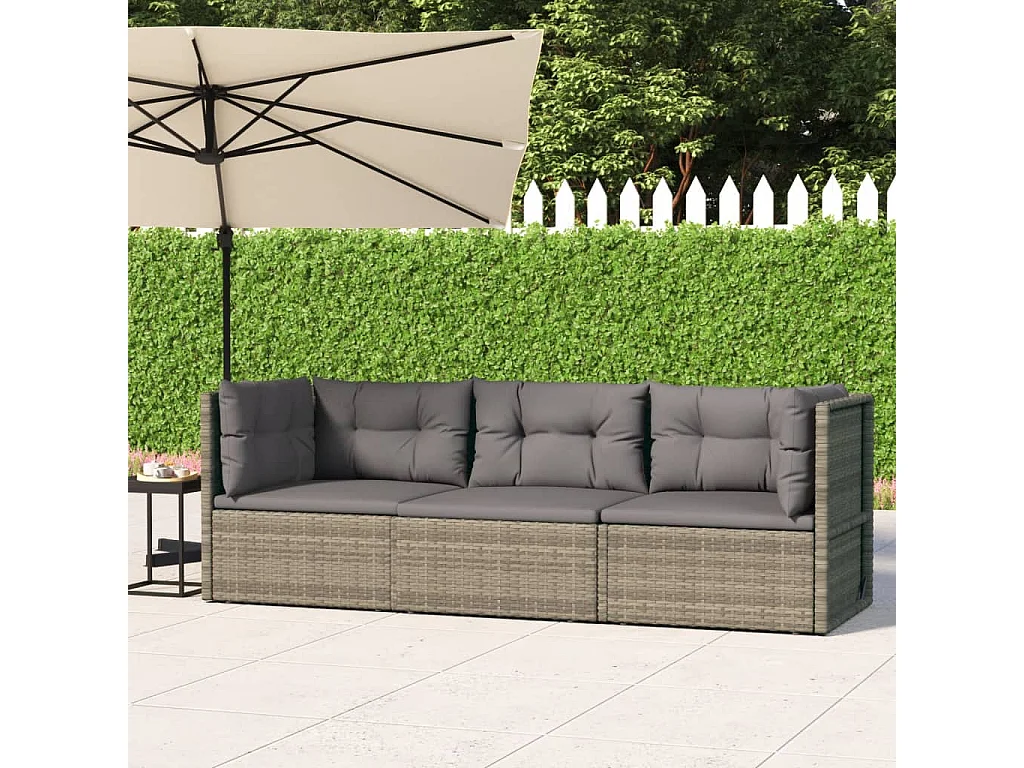 3-delige Loungeset met kussens poly rattan grijs