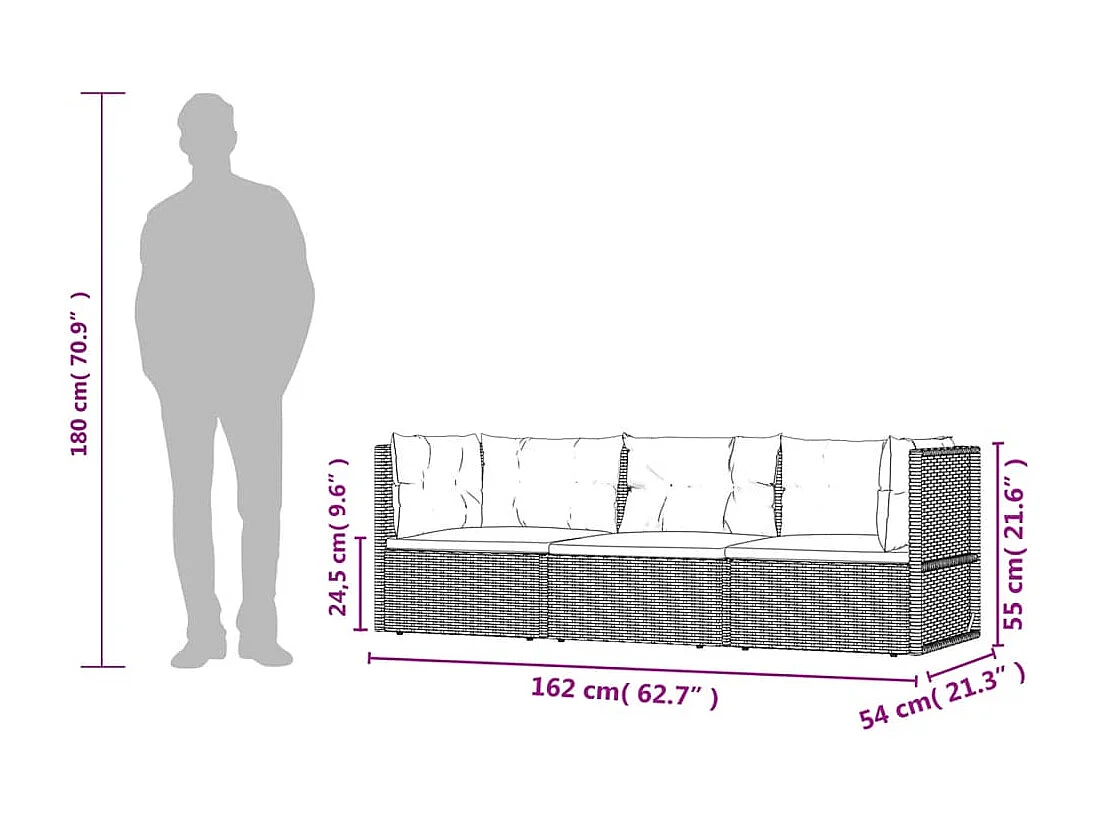 3-delige Loungeset met kussens poly rattan grijs