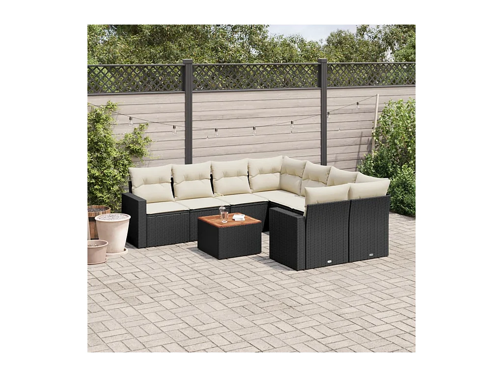 9-delige Loungeset met kussens poly rattan zwart