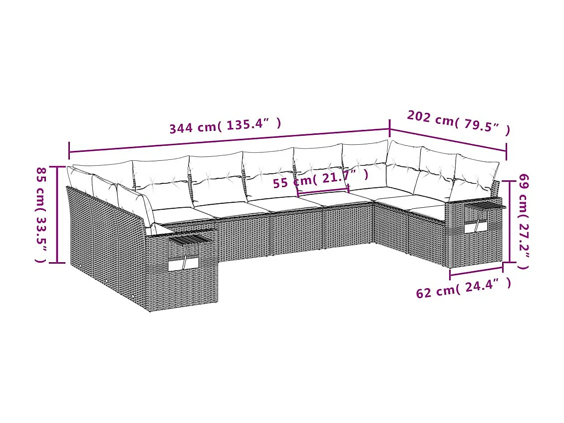 10-delige Loungeset met kussens poly rattan bruin