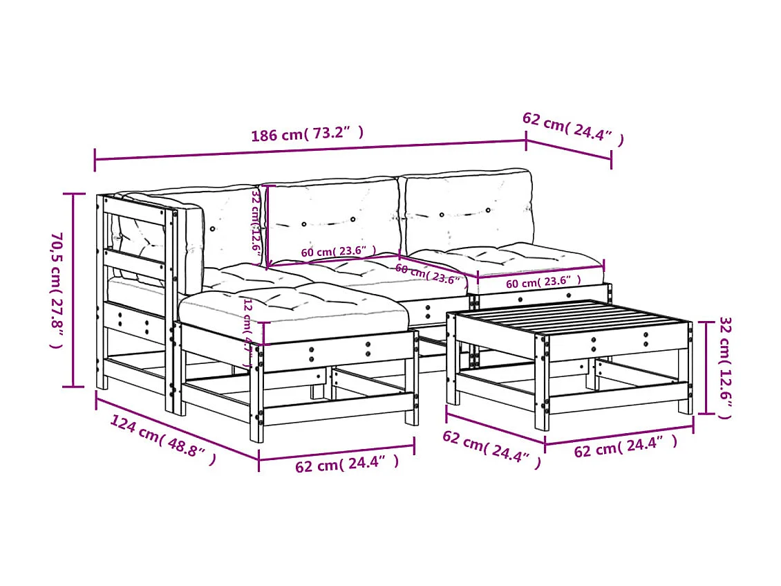 5-delige Loungeset met kussens massief hout wit
