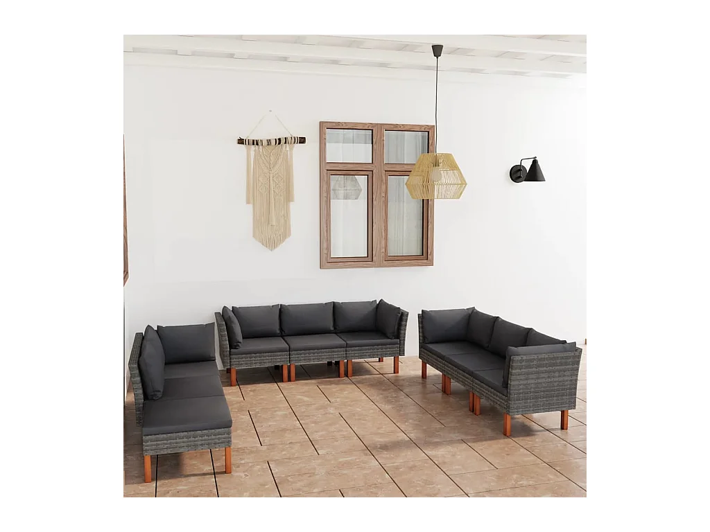 Salon de jardin 9 pièces avec coussins Résine tressée Gris