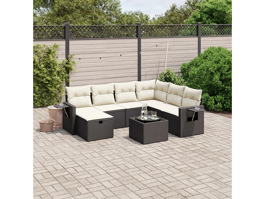 8 peças conjunto sofás de jardim com almofadões vime PE preto