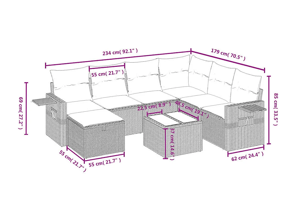 8 peças conjunto sofás de jardim com almofadões vime PE preto