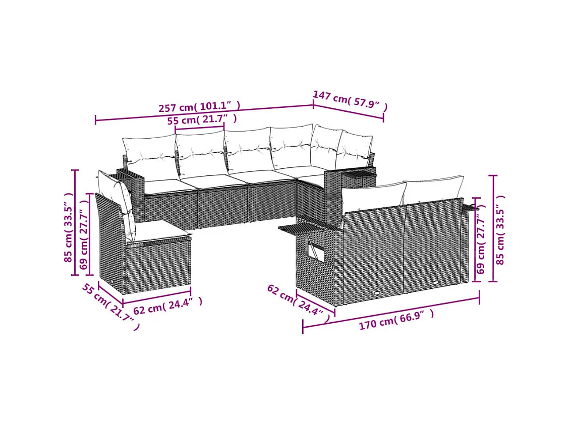 8-delige Loungeset met kussens poly rattan grijs