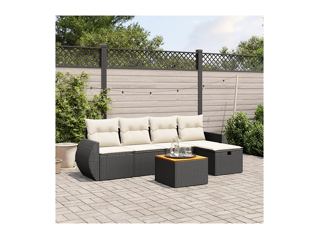 6-delige Loungeset met kussens poly rattan zwart