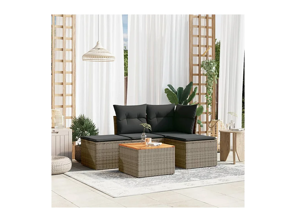 Salon de jardin 5 pièces avec coussins gris résine tressée