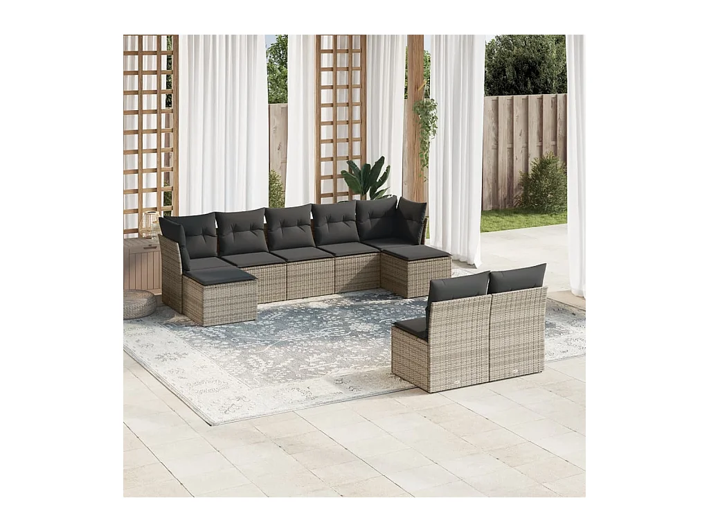 Salon de jardin 9 pièces avec coussins gris résine tressée