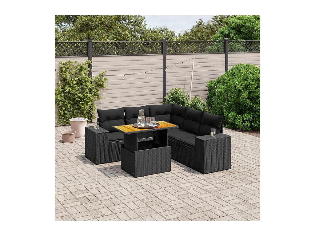 Salon de jardin 6 pièces avec coussins noir résine tressée
