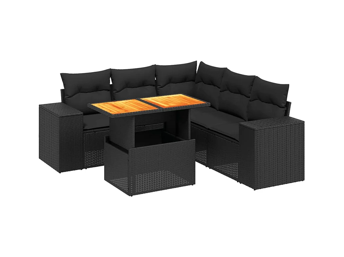 Salon de jardin 6 pièces avec coussins noir résine tressée