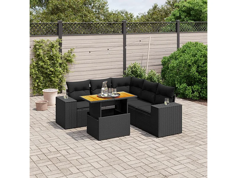 6-delige Loungeset met kussens poly rattan zwart