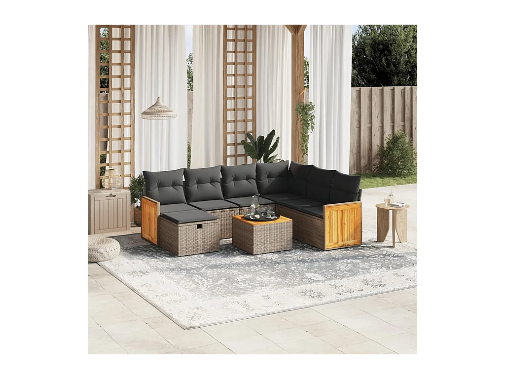 8 peças conjunto sofás de jardim c/ almofadões vime PE cinzento