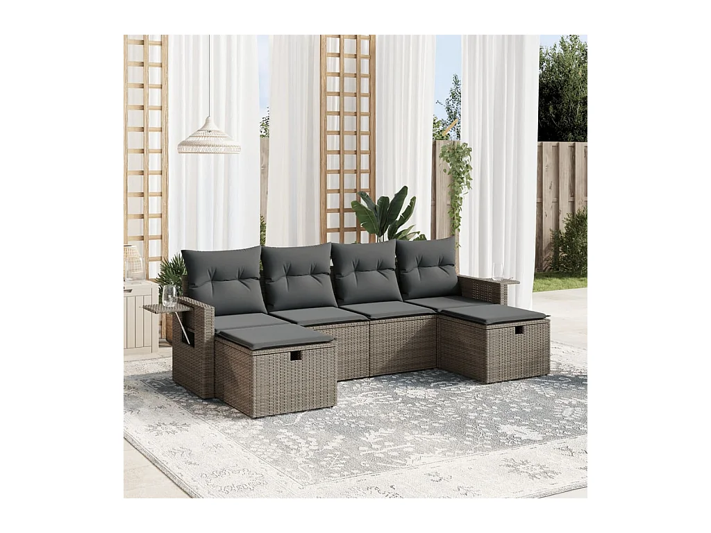 Salon de jardin 6 pièces avec coussins gris résine tressée