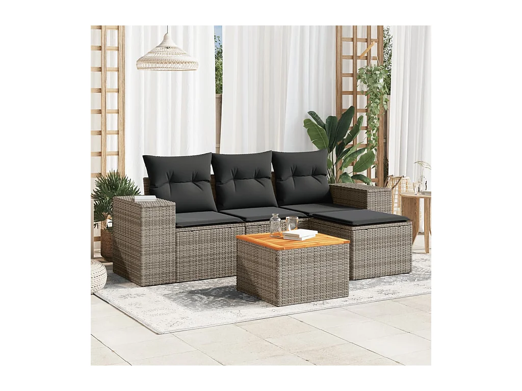 Salon de jardin 5 pièces avec coussins gris résine tressée