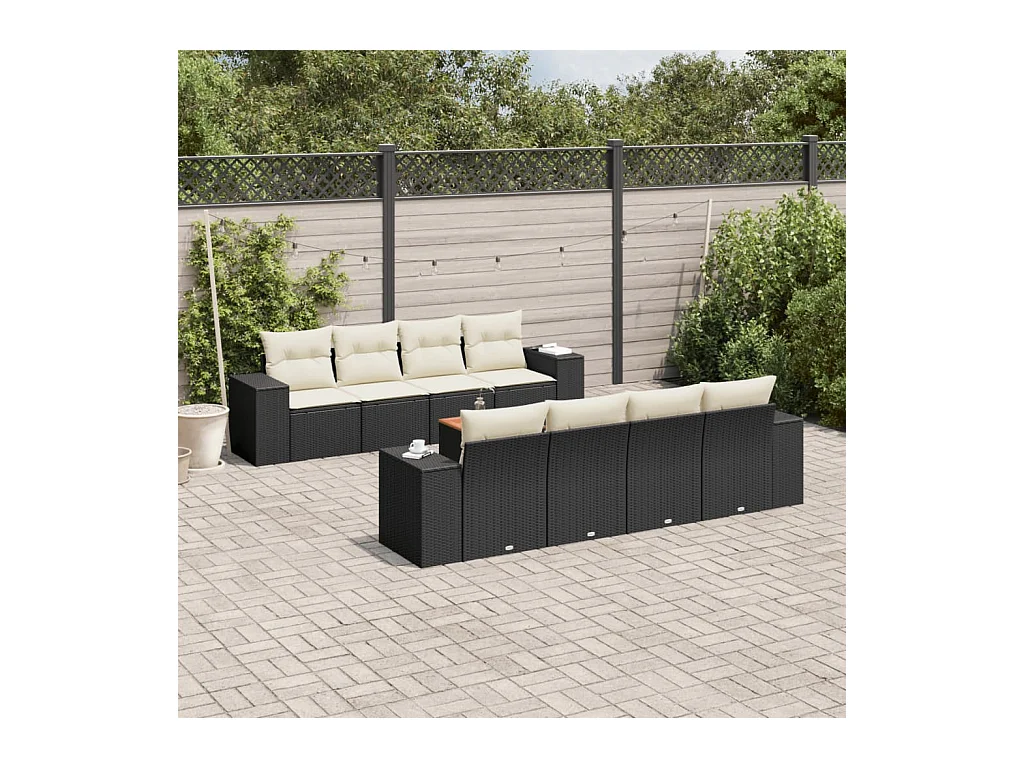 9 peças conjunto de sofás p/ jardim c/ almofadões vime PE preto