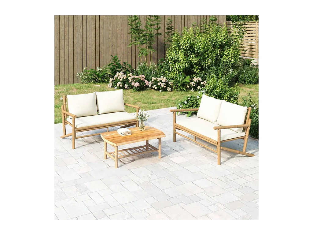 Salon de jardin 3 pièces avec coussins blanc crème bambou