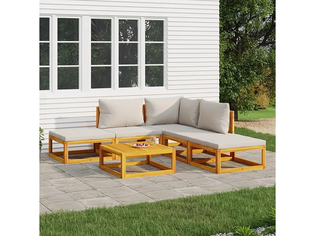 Salon de jardin 6 pièces avec coussins gris clair bois massif