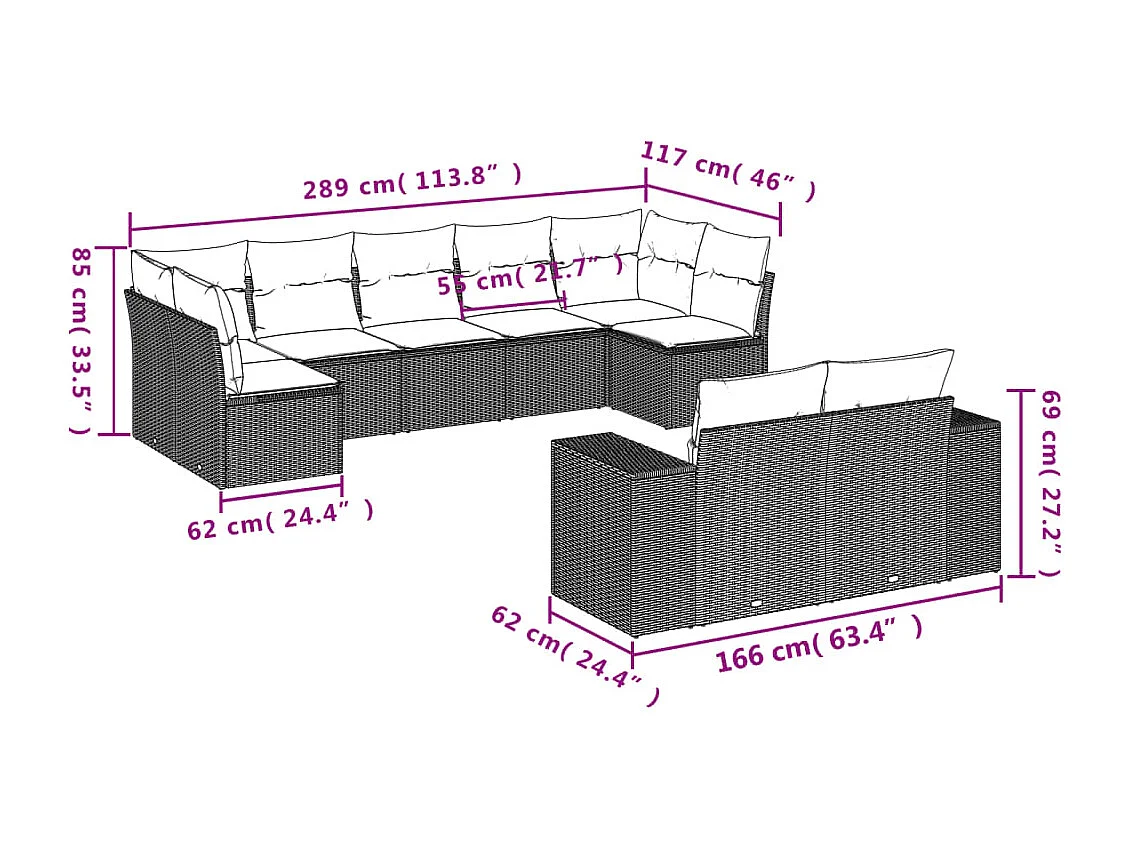 9 peças conjunto sofás p/ jardim com almofadões vime PE cinzento