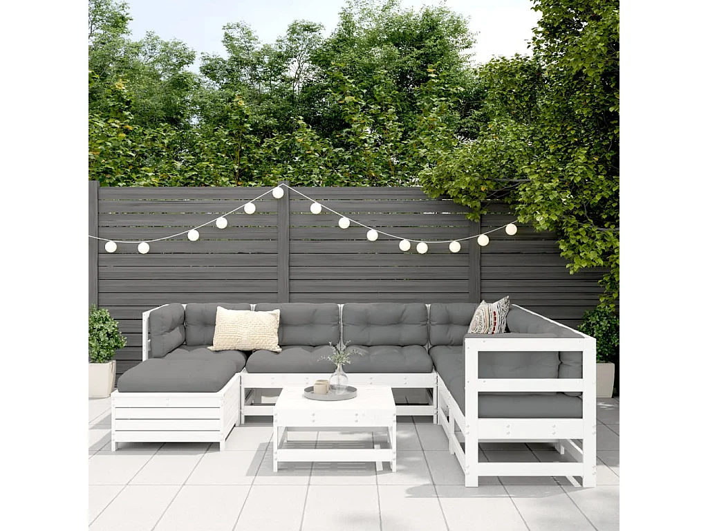 Salon de jardin 8 pièces blanc bois de pin massif