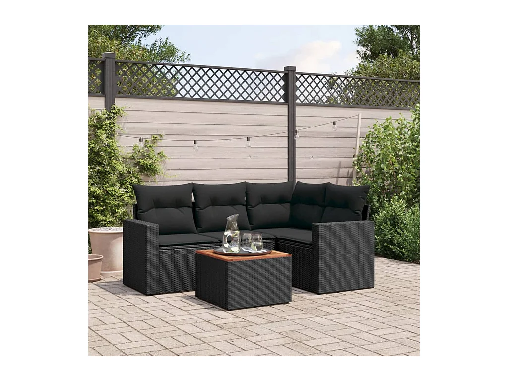 Salon de jardin 5 pièces avec coussins noir résine tressée