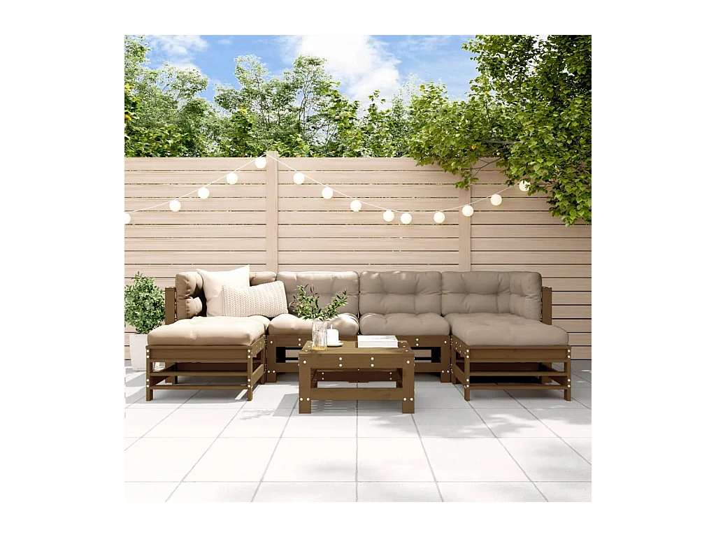 Salon de jardin 7 pièces avec coussins marron miel bois massif