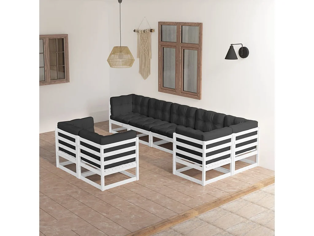 8 peças conjunto lounge de jardim com almofadões pinho maciço