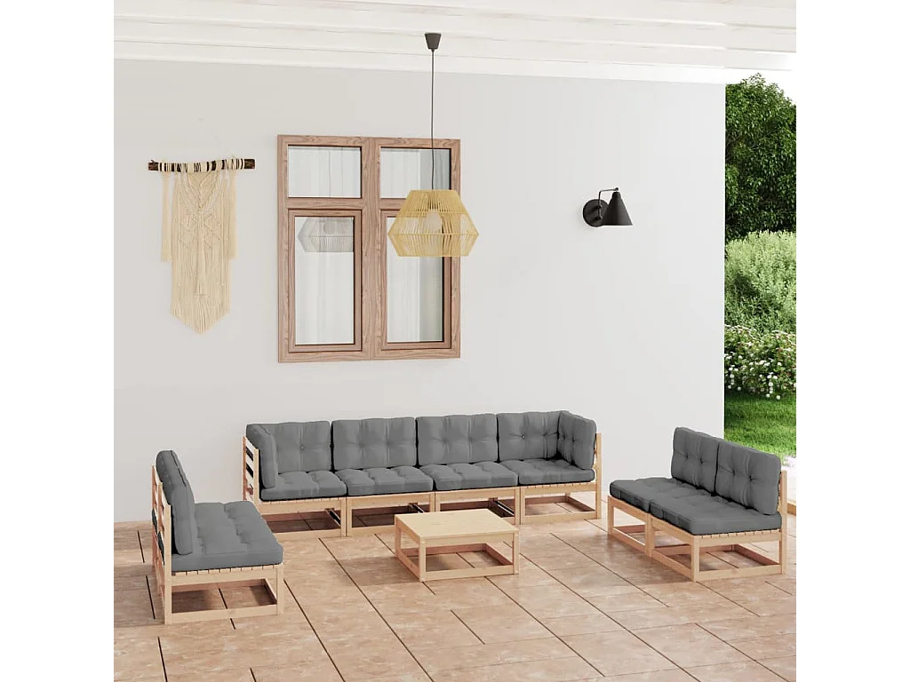 Salon de jardin 9 pièces avec coussins Bois de pin massif