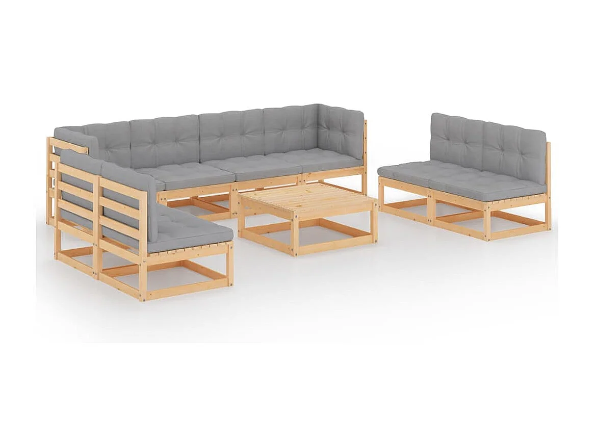 Salon de jardin 9 pièces avec coussins Bois de pin massif