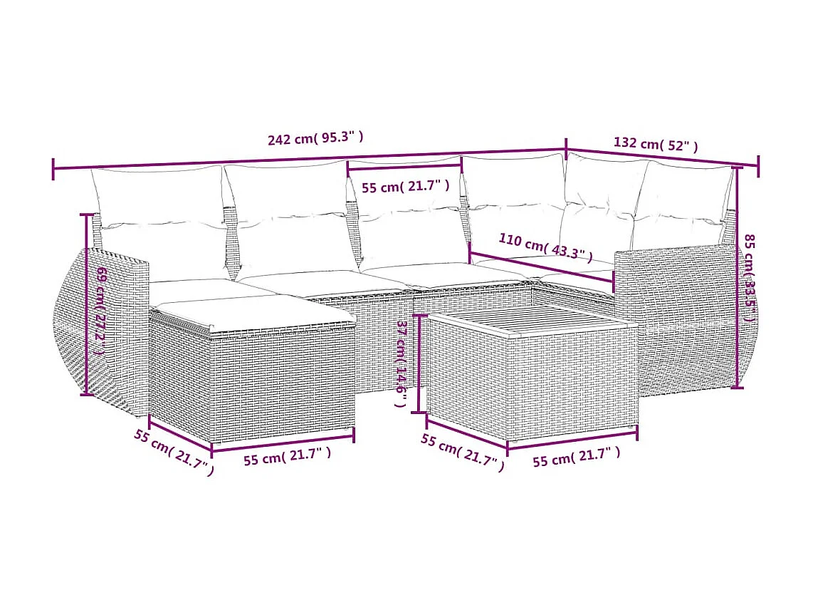 Set de comedor de jardín 7 piezas y cojines ratán sintético negro