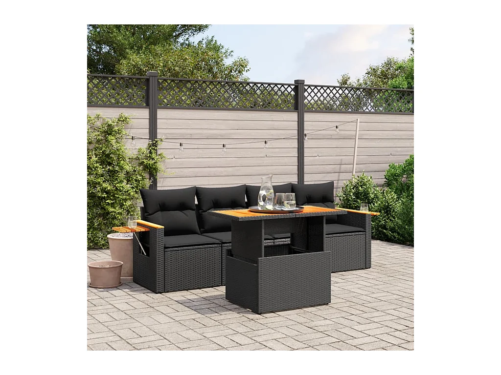 Salon de jardin 5 pièces avec coussins noir résine tressée