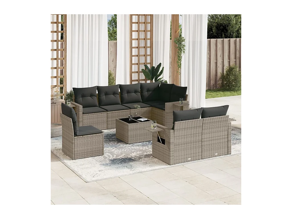 9-delige Loungeset met kussens poly rattan grijs