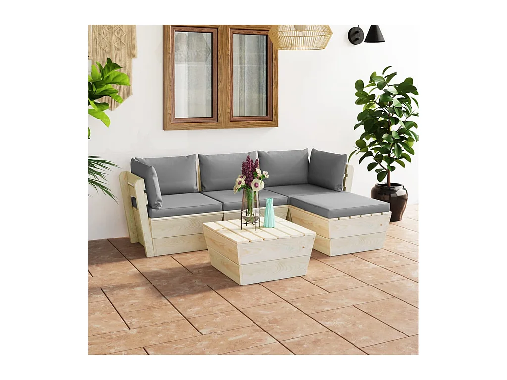 Muebles de jardín de palets 5 piezas y cojines madera de abeto