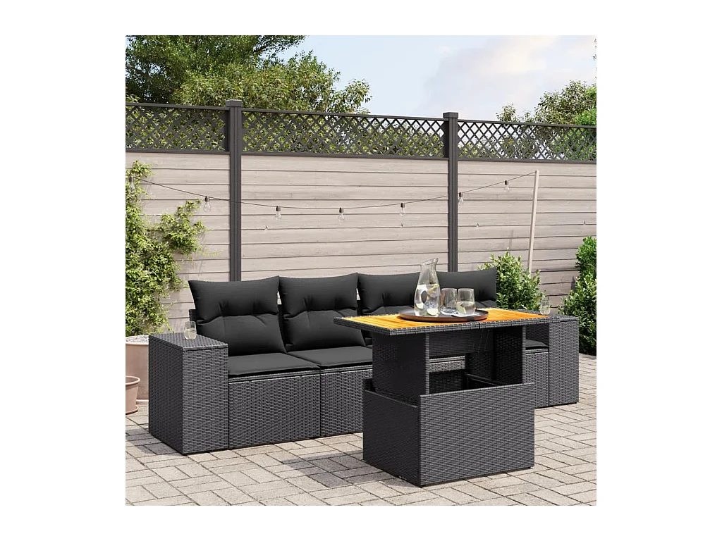 Salon de jardin 5 pièces avec coussins noir résine tressée