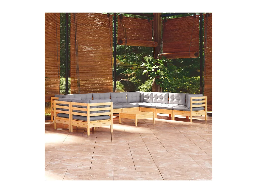 Salon de jardin 11 pièces avec coussins gris Bois de pin solide