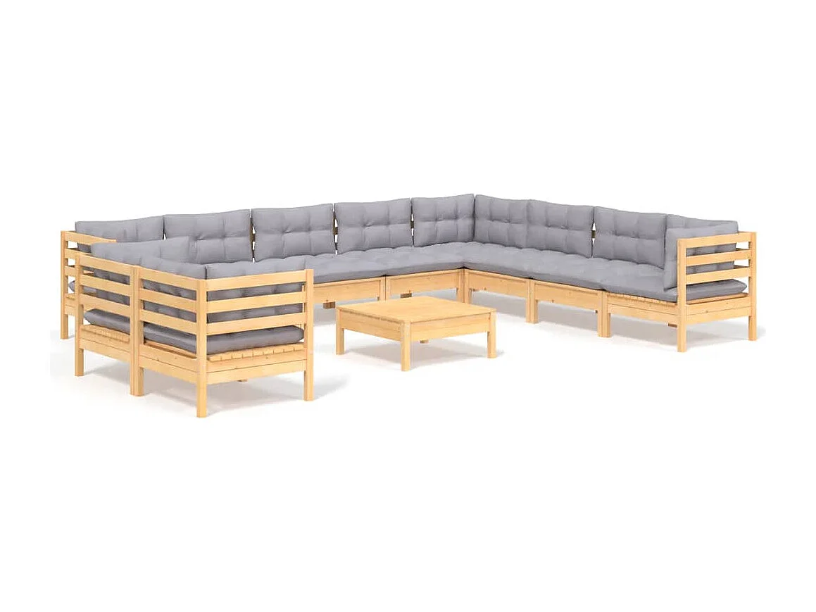 Salon de jardin 11 pièces avec coussins gris Bois de pin solide