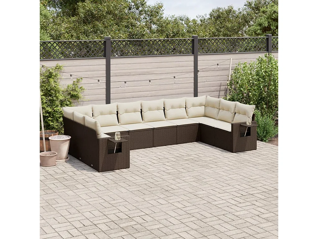 Set de sofás de jardín 10 piezas y cojines ratán sintético marrón