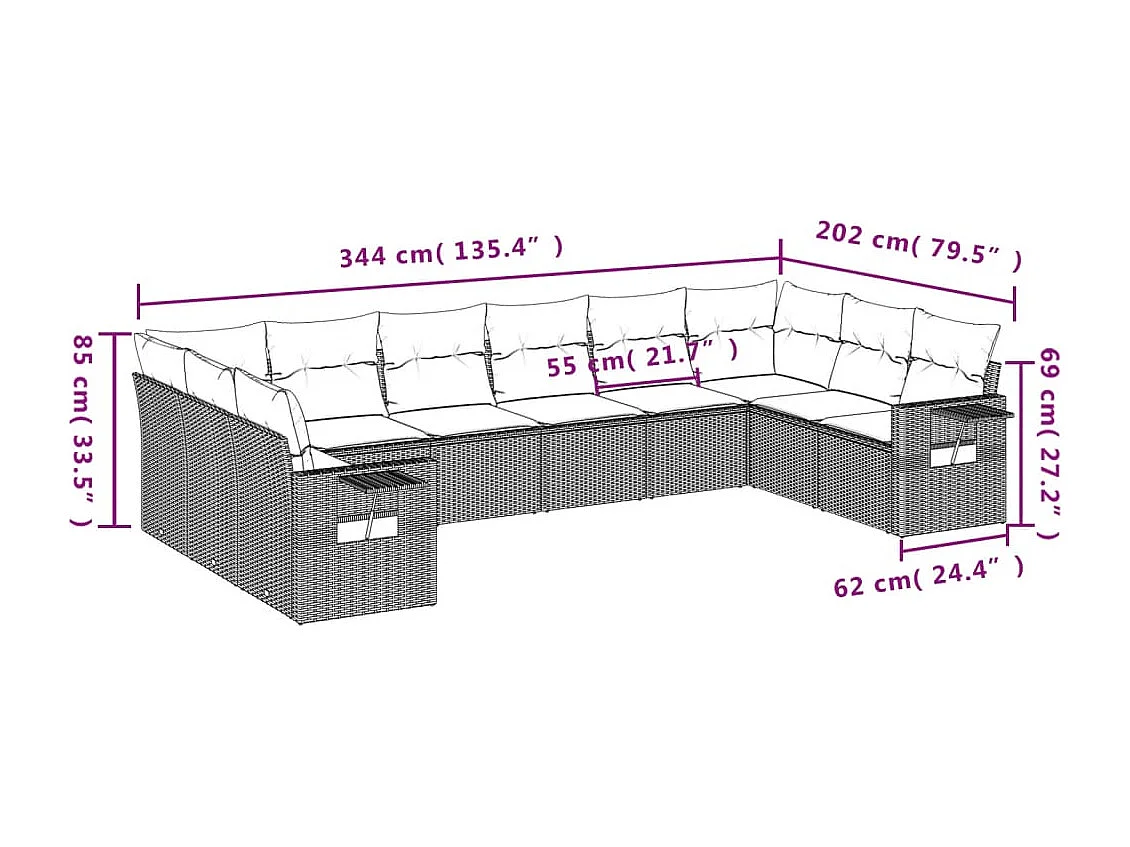 Salon de jardin 10 pièces avec coussins marron résine tressée