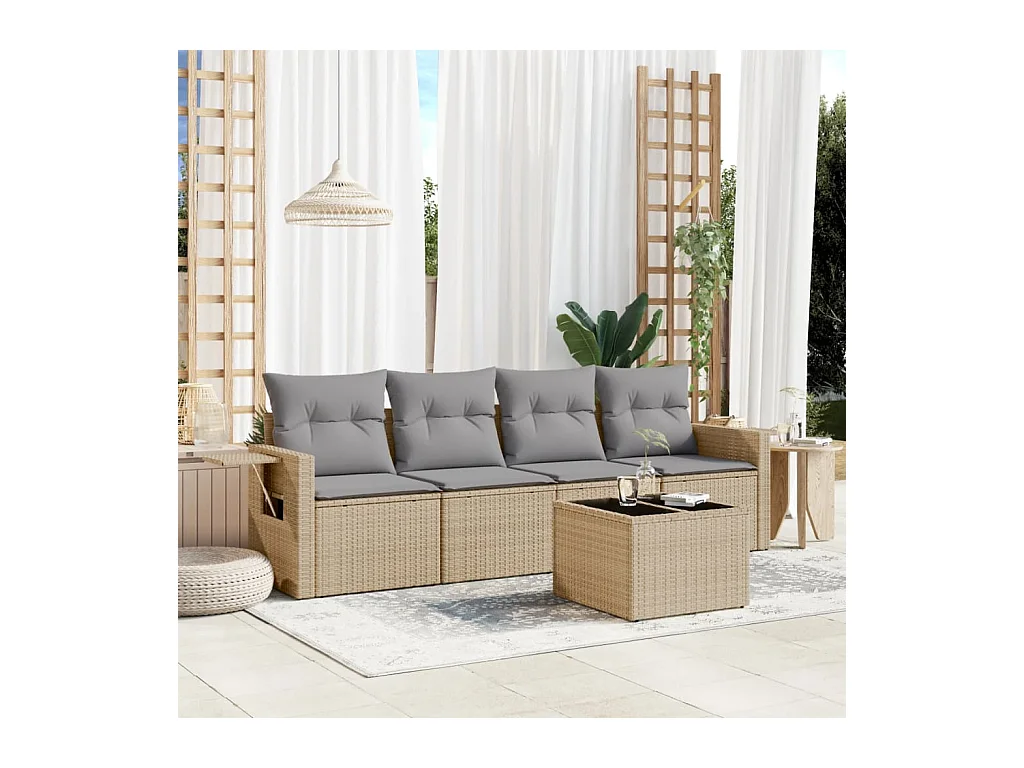 Salon de jardin avec coussins 5 pièces beige résine tressée