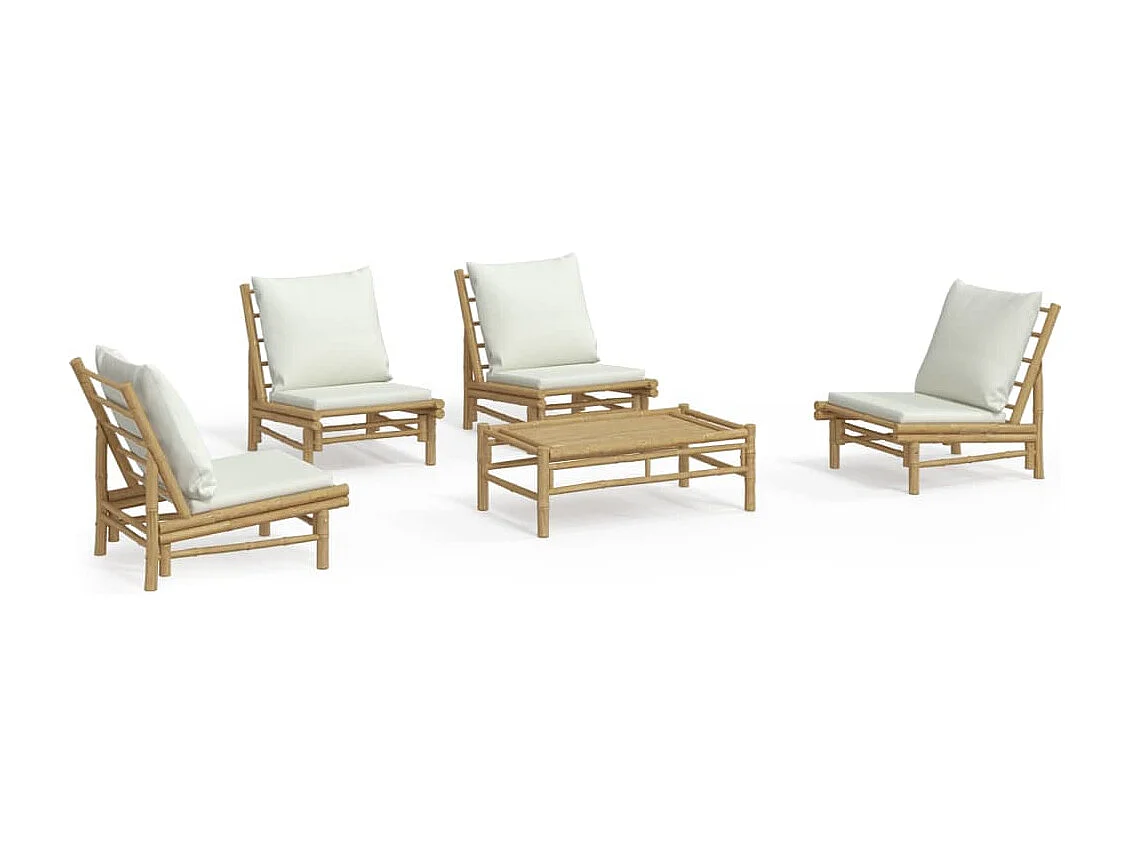 Salon de jardin 5 pièces avec coussins blanc crème bambou