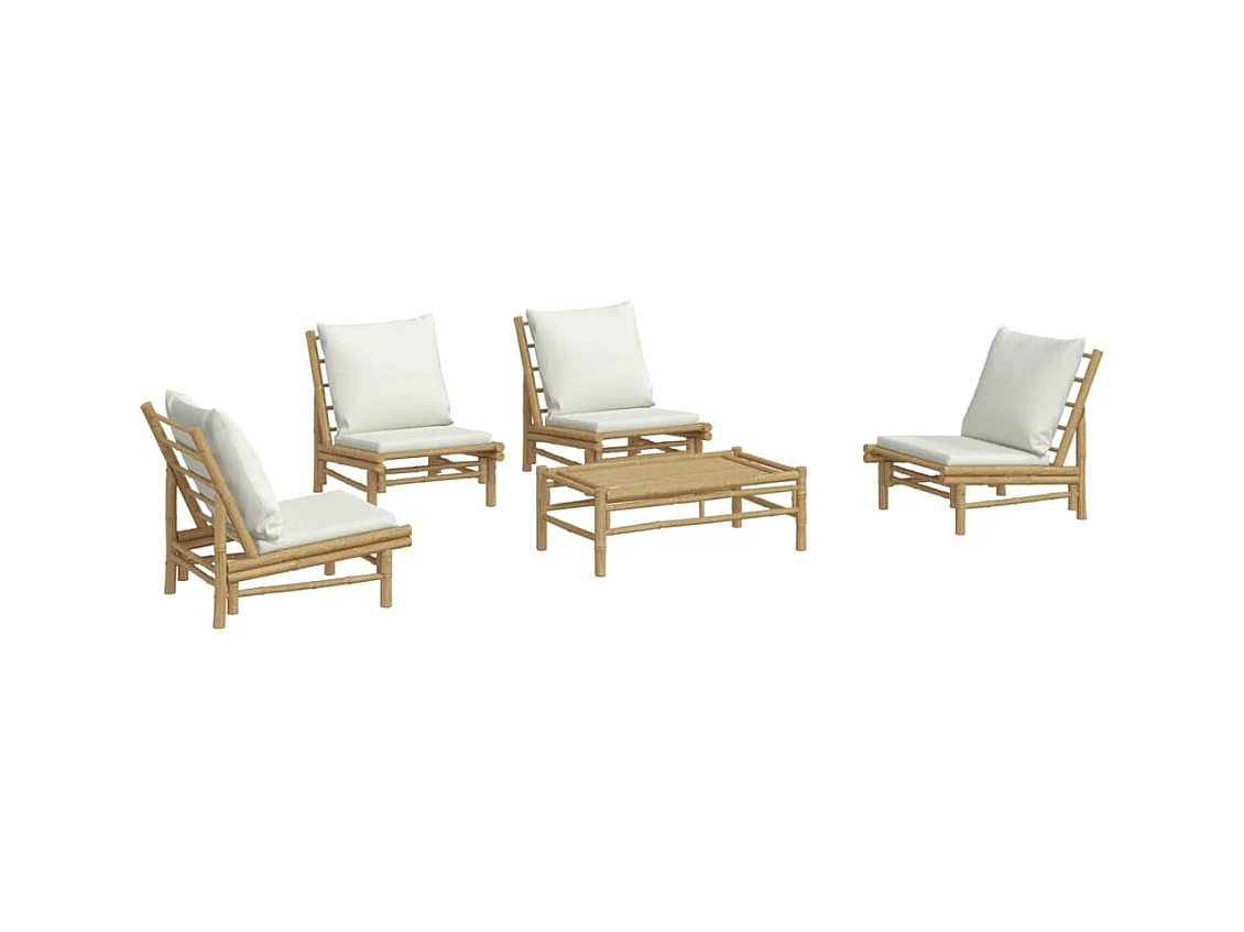 Salon de jardin 5 pièces avec coussins blanc crème bambou