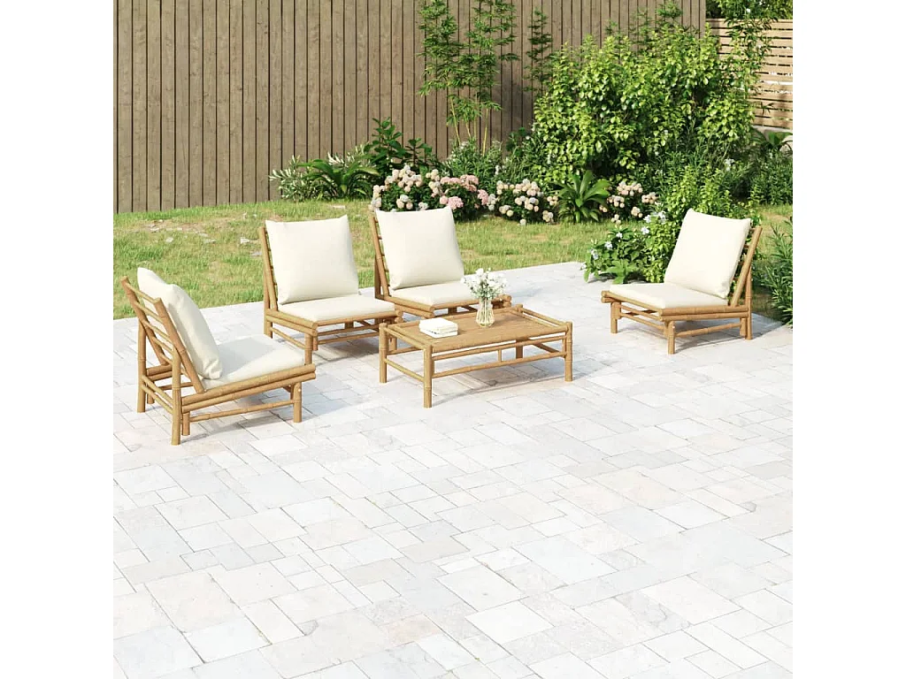 Salon de jardin 5 pièces avec coussins blanc crème bambou