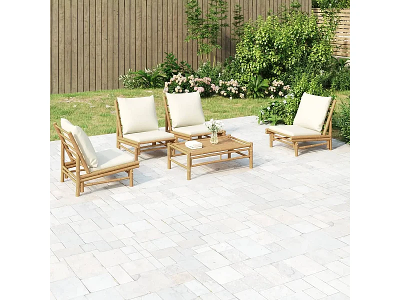 Salon de jardin 5 pièces avec coussins blanc crème bambou