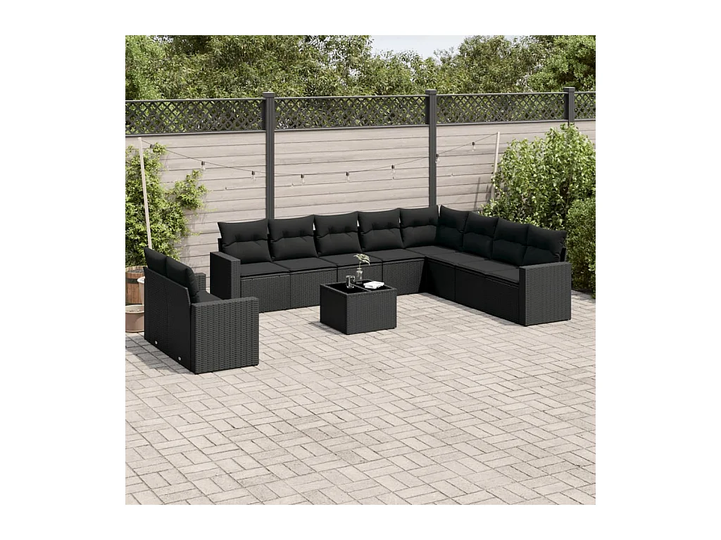 Salon de jardin 11 pièces avec coussins noir résine tressée